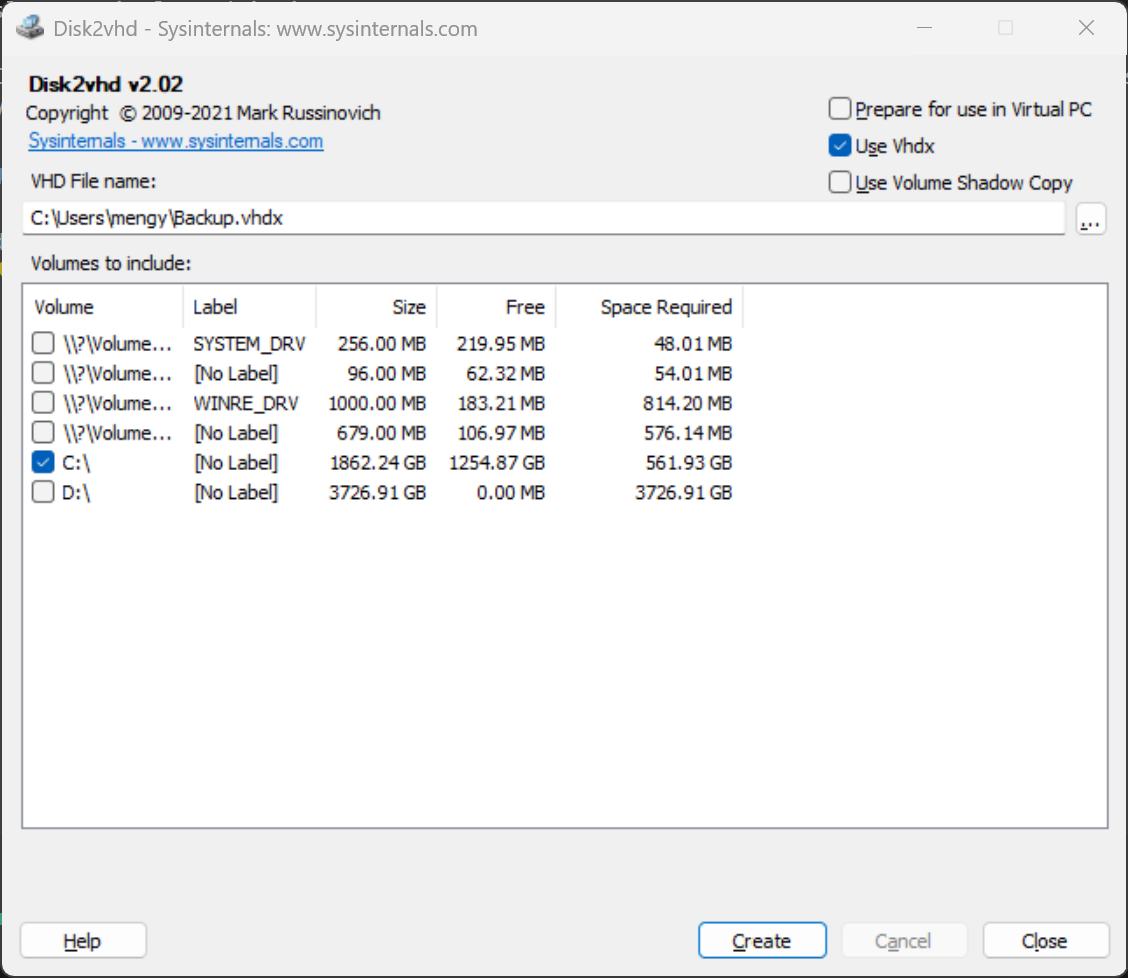 Disk2vhd interface